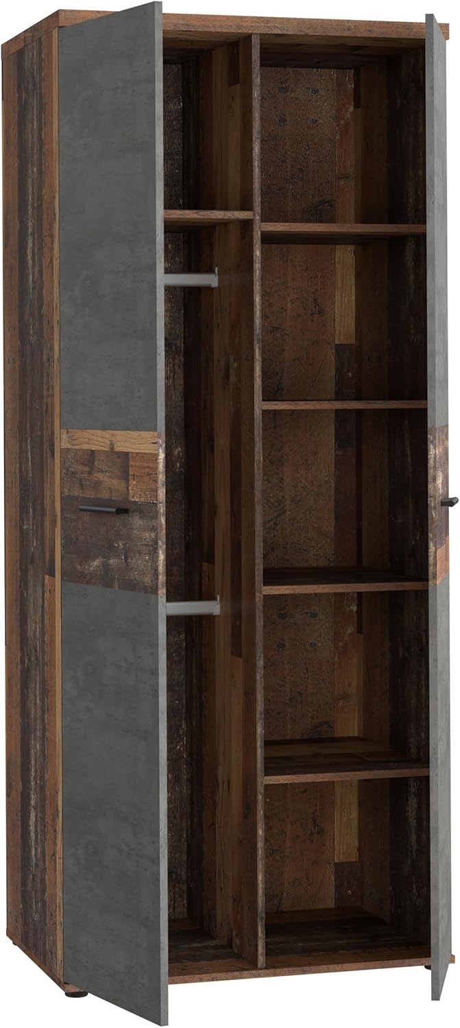 Armario ropero Forte Winnie 80, armario rústico de puertas batientes, 2 puertas, baldas, espacioso, decoración en madera Old Wood Vintage/aspecto hormigón gris oscuro, 79,9 cm de ancho x 189 cm de alto x 53,7 cm de fondo