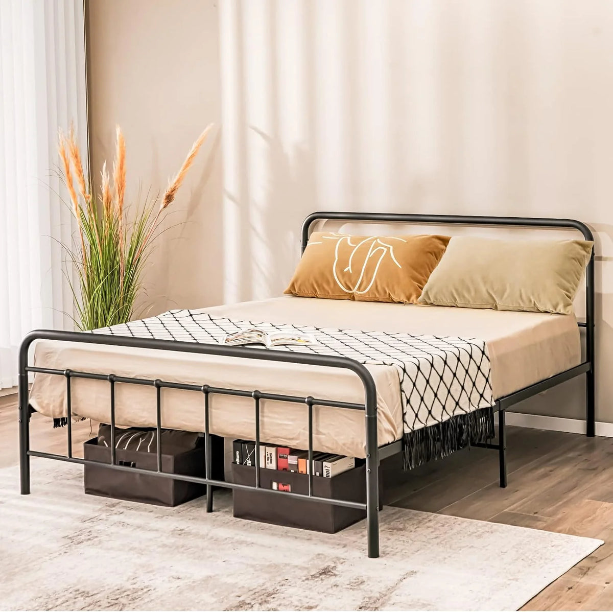 COSTWAY metalowe łóżko z ramą na materac 200 x 160 cm, podwójne stelaż łóżka, łóżko z ramą i szkieletem, miejsce do przechowywania pod łóżkiem, metalowe łóżko gościnne z platformą