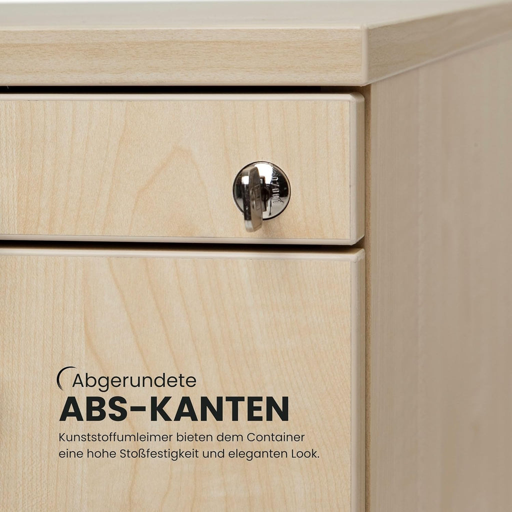 bümö Cajonera móvil con cajones, contenedor con cerradura de madera en haya - Carrito para oficina como mueble bajo de escritorio, cajonera de oficina o contenedor de escritorio con tiradores de barra