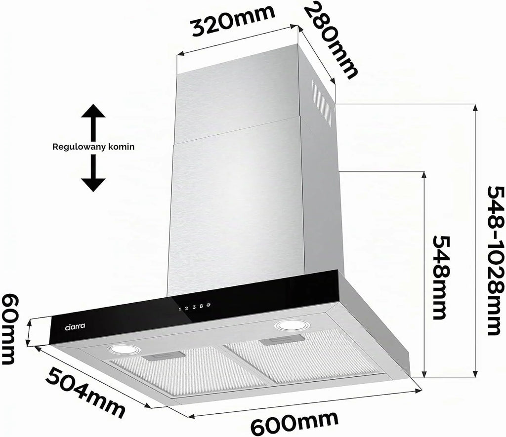 CIARRA CBCS6102 A+++ okap kuchenny 60 cm obieg powietrza wylotowego okap kuchenny 650 m³/h Wi-Fi App Touch obsługa 4 stopnie wraz z Booster czarny okap ścienny z filtrem węglowym CBCF003