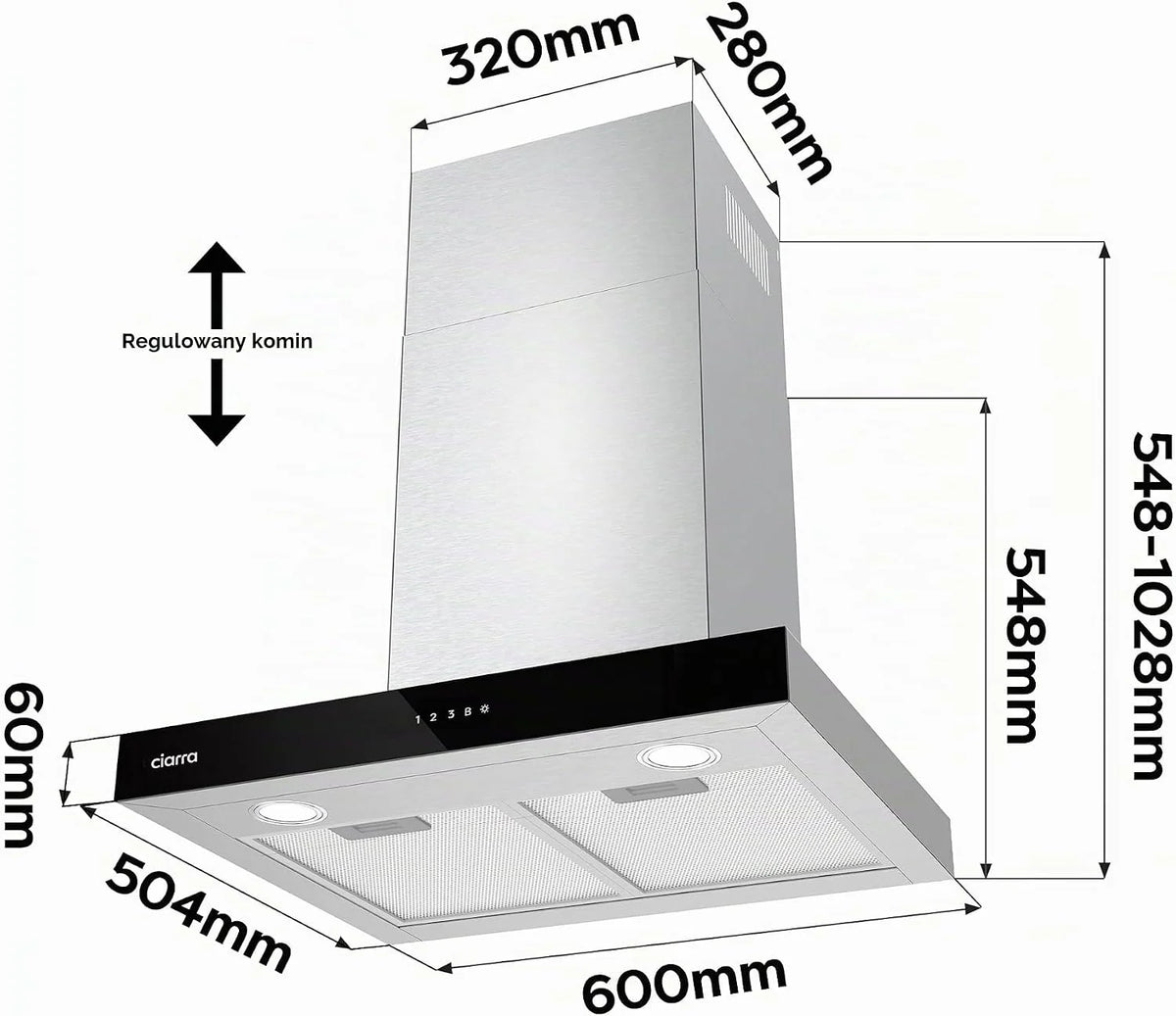 CIARRA CBCS6102 A+++ okap kuchenny 60 cm obieg powietrza wylotowego okap kuchenny 650 m³/h Wi-Fi App Touch obsługa 4 stopnie wraz z Booster czarny okap ścienny z filtrem węglowym CBCF003