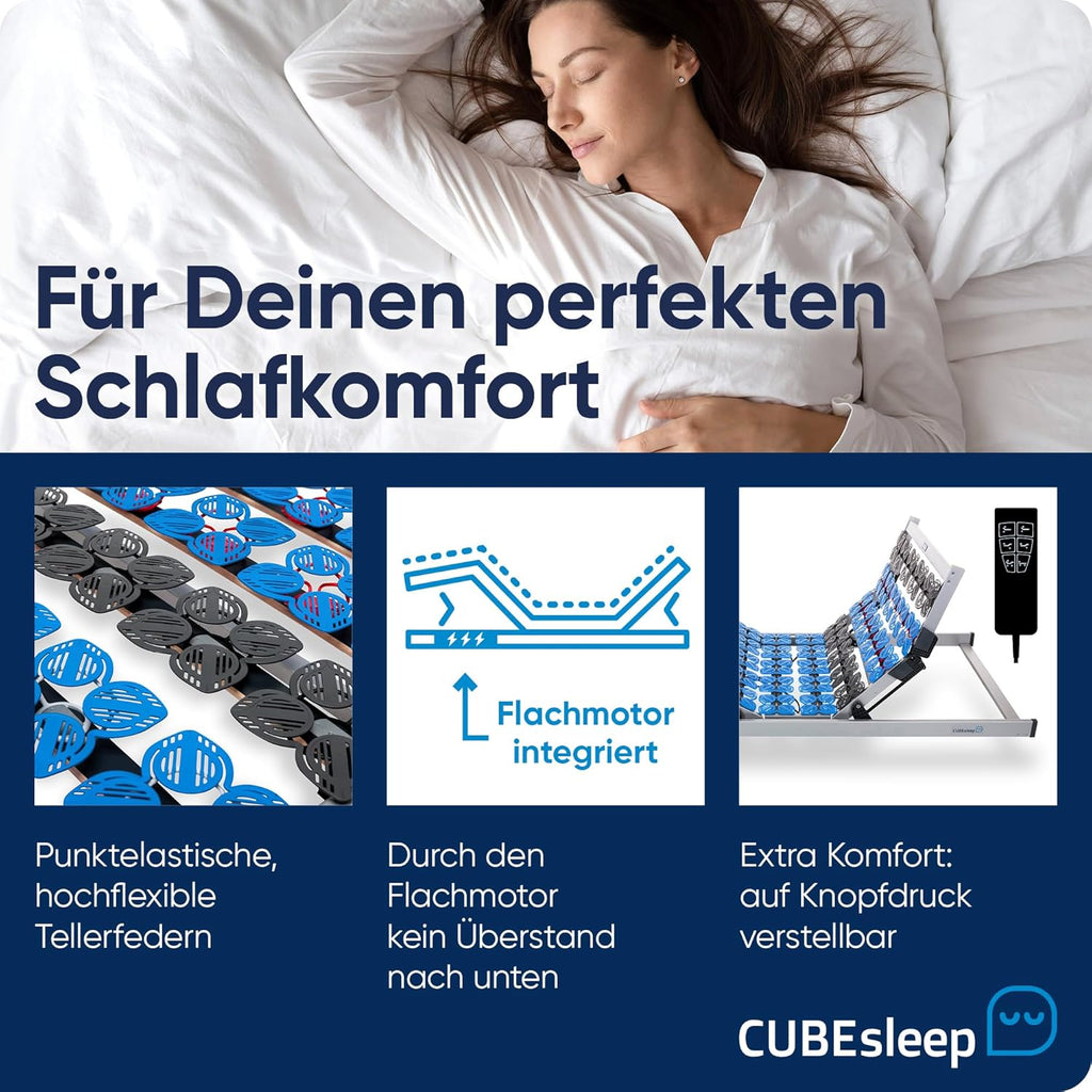 Somier de láminas con platos CubeSleep de 7 zonas Cloud 90x200 cm | Cabecero y piecero regulables eléctricamente | Fabricado en Alemania | Certificado GS – seguridad comprobada | completamente montado