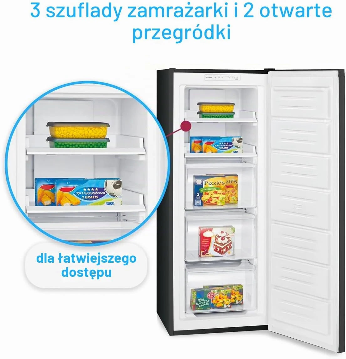 Zamrażarka Bomann 161L czarna GS7343 - Total No Frost, system MultiAirflow, 3 szuflady, sterowanie elektroniczne, super zamrażanie, 39 dB, odwracalne, 220-240V