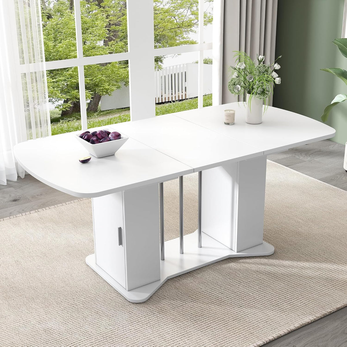 Mesa de comedor extensible moderna Bladez con espacio de almacenamiento, 120-160 cm x 80 cm, MDF en blanco, patas de metal plateado, mesa de cocina multifuncional para 4-8 personas, mesa de comedor