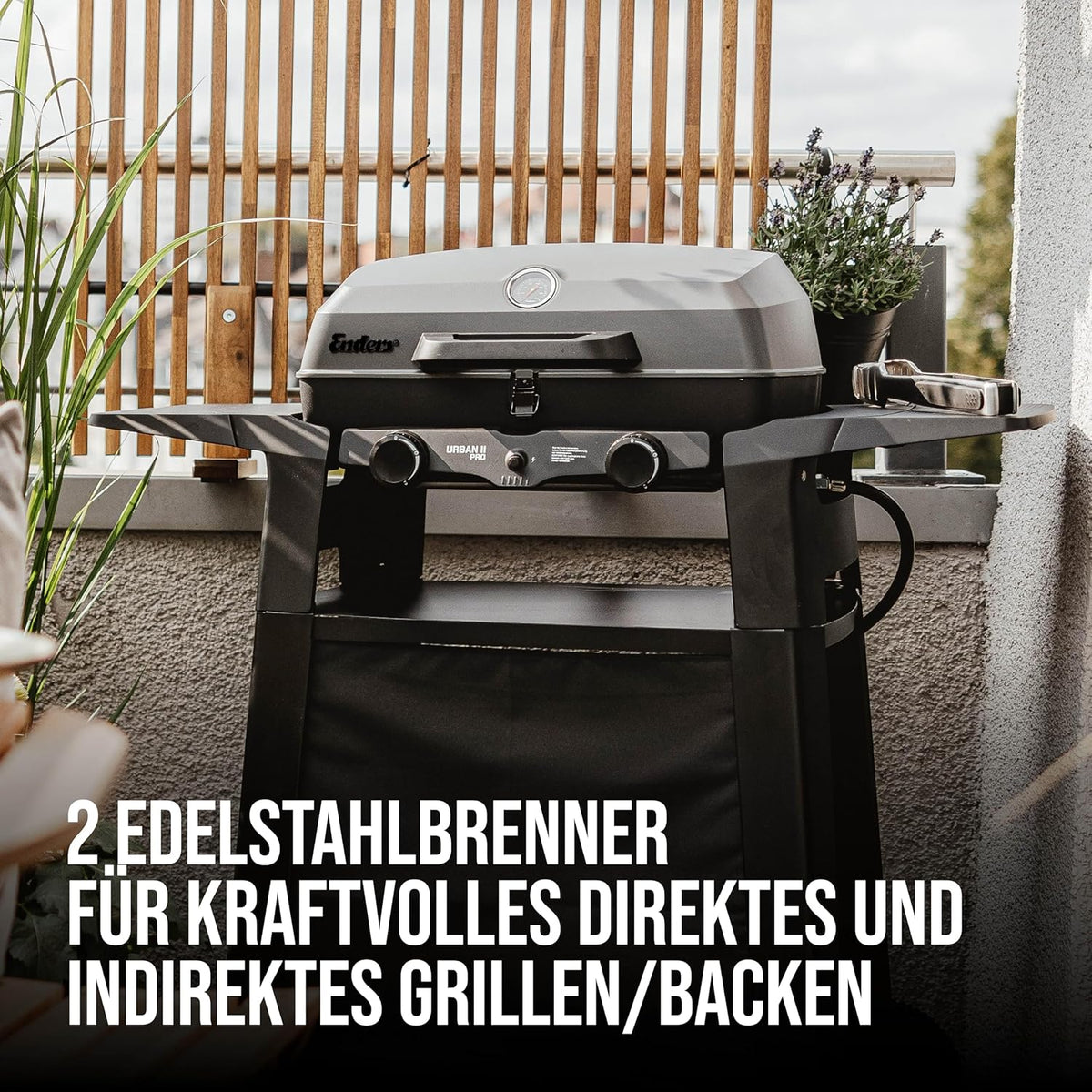 EndersGasgrill Urban II Pro, parrilla de mesa, función de asado, cocción y horneado, 2 quemadores de acero inoxidable, con termómetro para parrilla, parrilla para balcón y camping, carcasa de aluminio fundido, rejilla de hierro fundido, #2062