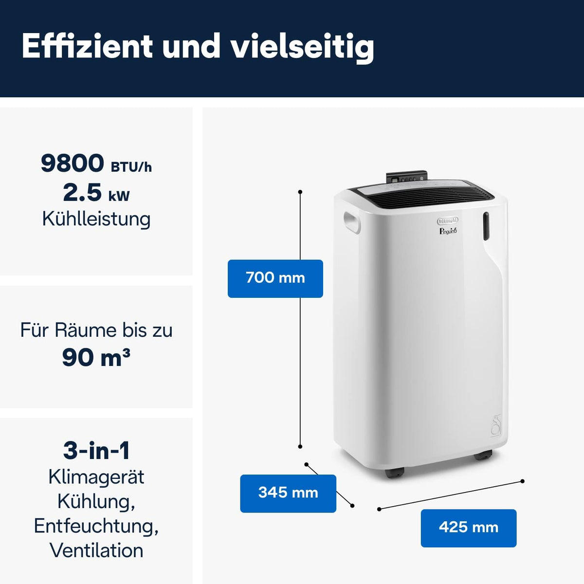 De'Longhi Pinguino - Aire acondicionado portátil, para habitaciones de hasta 29 m², con deshumidificador y ventilador, 9800 BTU, funcionamiento silencioso, mando a distancia, temporizador 24h, clase de eficiencia energética A (PACEM90)