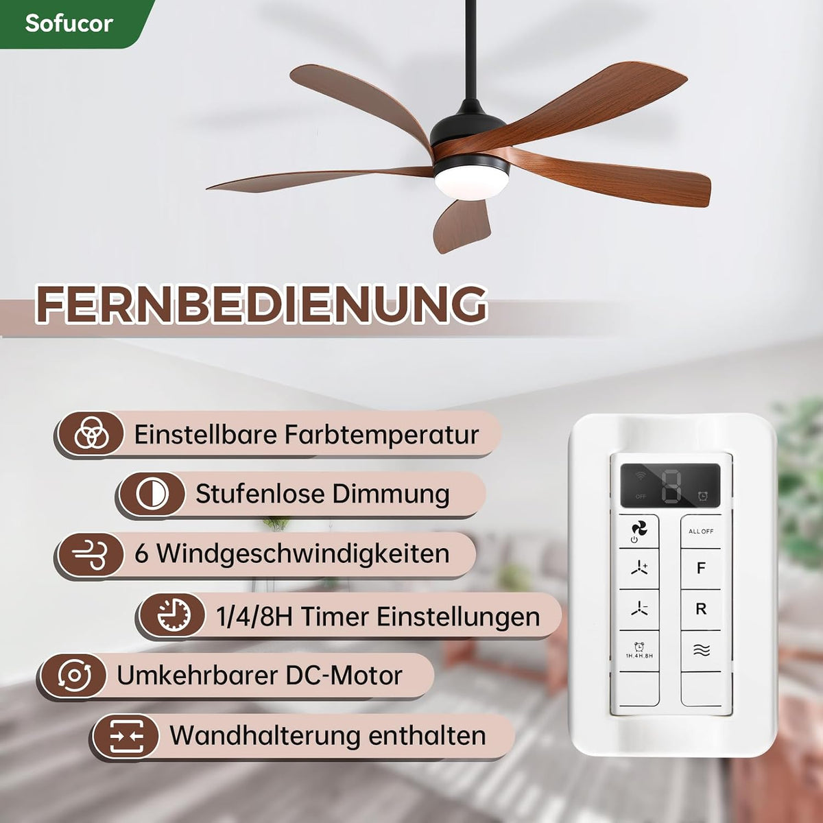 Ventilador de techo inteligente Sofucor con luz, 132 cm, compatible con Alexa/APP, control remoto, 3 temperaturas de color, temporizador, 6 velocidades, motor CC silencioso para sala de estar