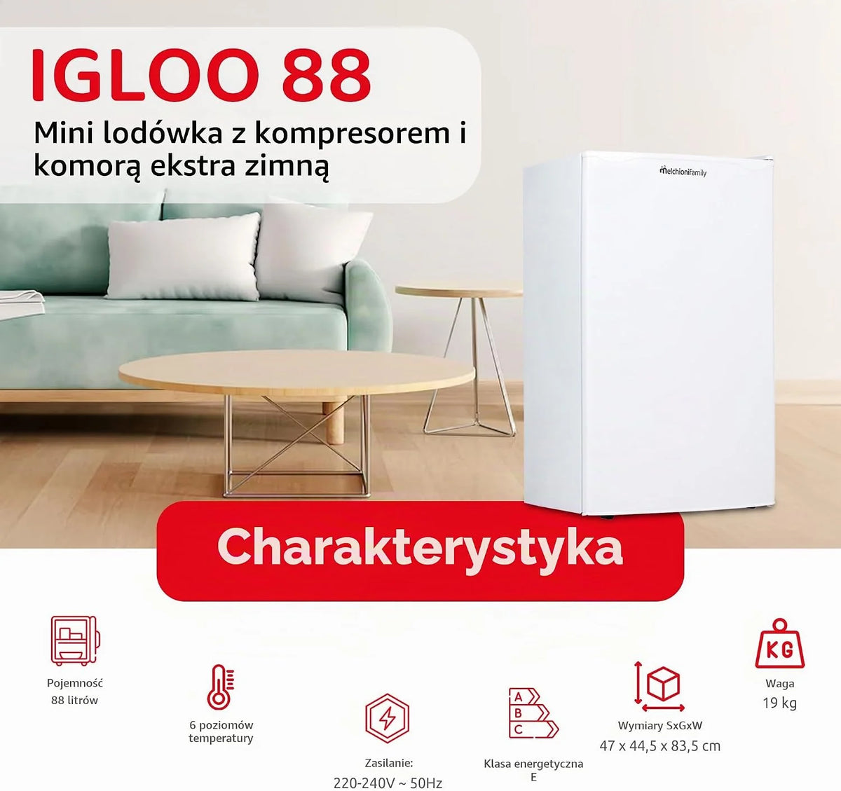 Melchioni Family IGLOO 88 mała lodówka z kompresorem i bardzo chłodną komorą, pojemność 88 l, kolor biały