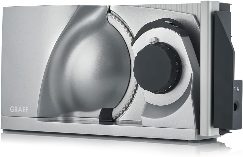 GRAEF. MYtiny MT1000 - Cortadora universal plegable, fabricada en Alemania, totalmente metálica, cuchilla de filo ondulado de 170 mm, grosor de corte 0-15 mm, motor de bajo consumo de 170 W, cortadora de pan plegable, compacta, color plata