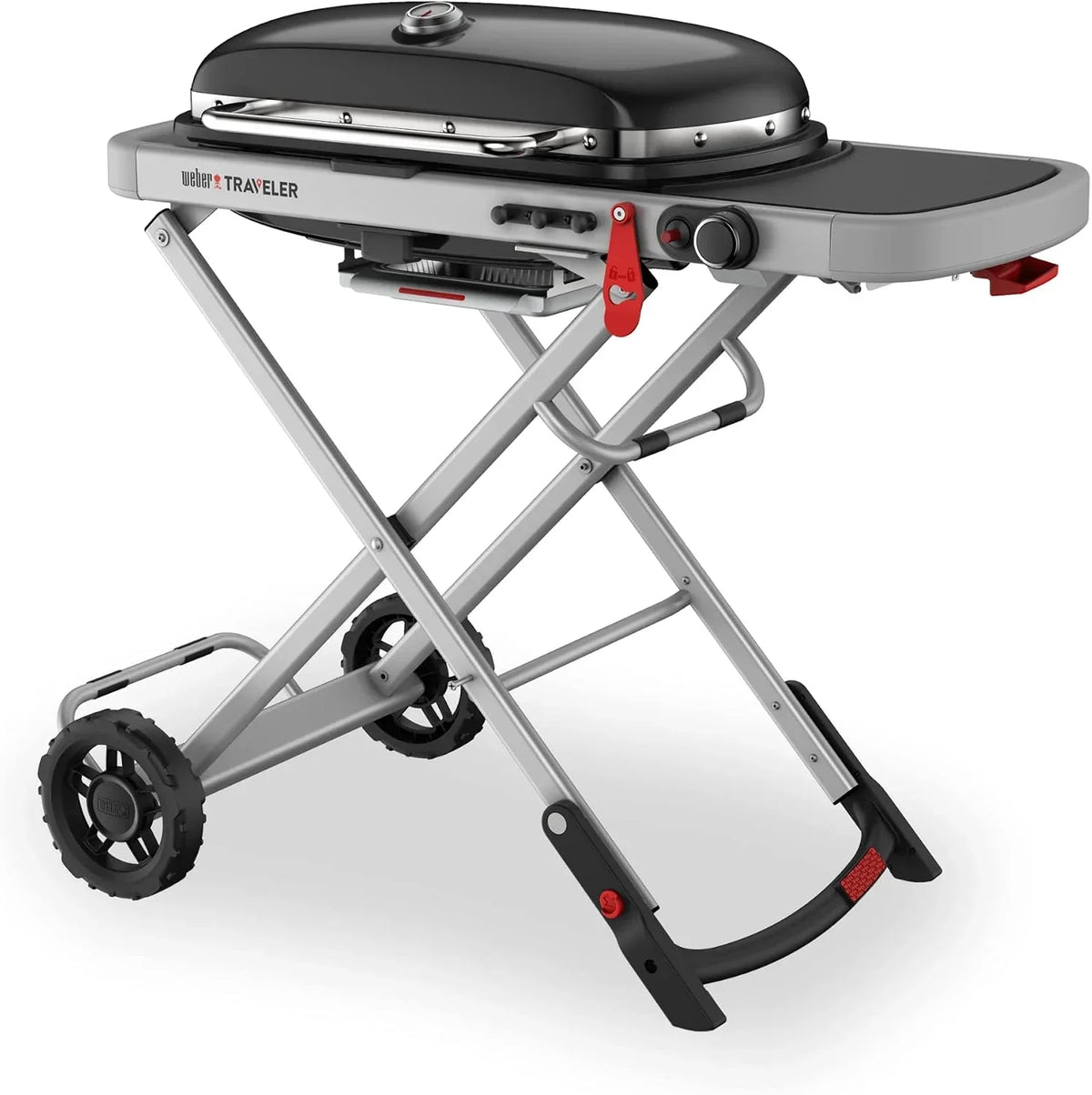 Barbacoa de gas portátil Traveler con soporte plegable y ruedas, quemador de 3,8 kW, superficie de cocción de 2065 cm² y termómetro en la tapa