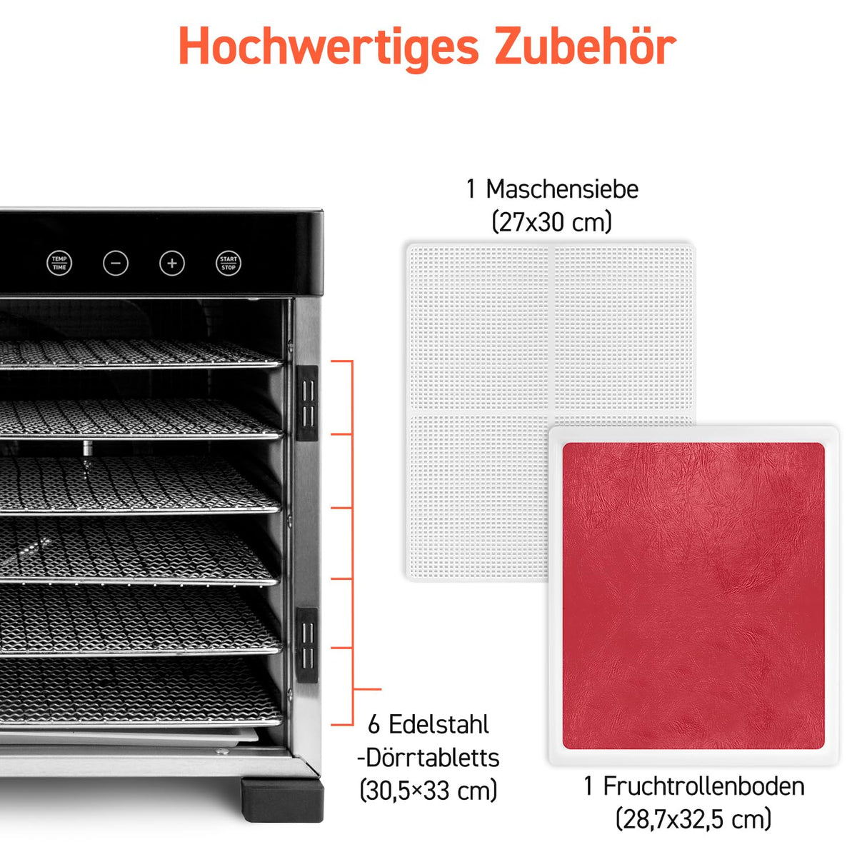 Deshidratador de alimentos CP267-FD 650 W, 6 bandejas de acero inoxidable, 35-75 °C, temporizador de 48 horas, pantalla LED