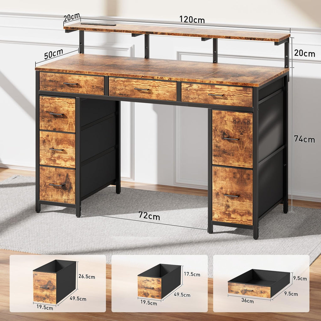 Escritorio HLONONE con 8 cajones, mesa de oficina con 2 enchufes y 2 puertos de carga USB, escritorio con soporte para monitor para juegos y oficina, 120 x 50 x 74 cm, marrón