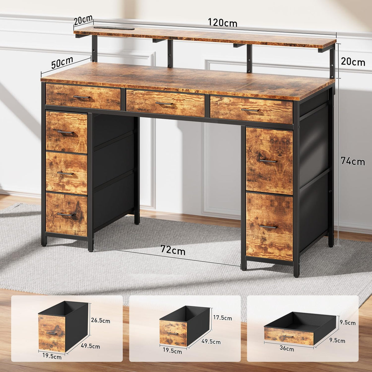 Escritorio HLONONE con 8 cajones, mesa de oficina con 2 enchufes y 2 puertos de carga USB, escritorio con soporte para monitor para juegos y oficina, 120 x 50 x 74 cm, marrón