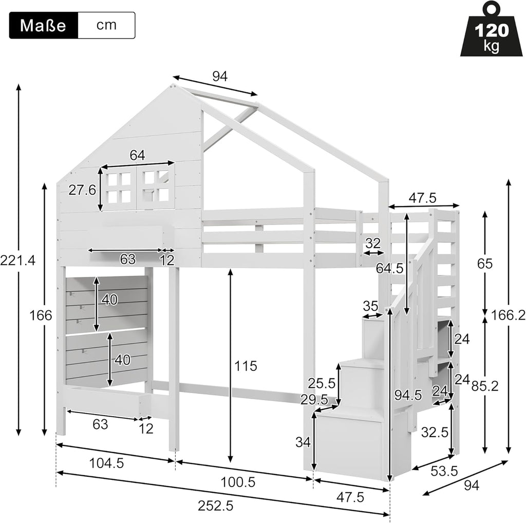 Litera, cama alta, cama infantil 90x200 cm con protección anticaídas y escalera con almacenamiento, cama juvenil, con ventana, madera maciza, blanco