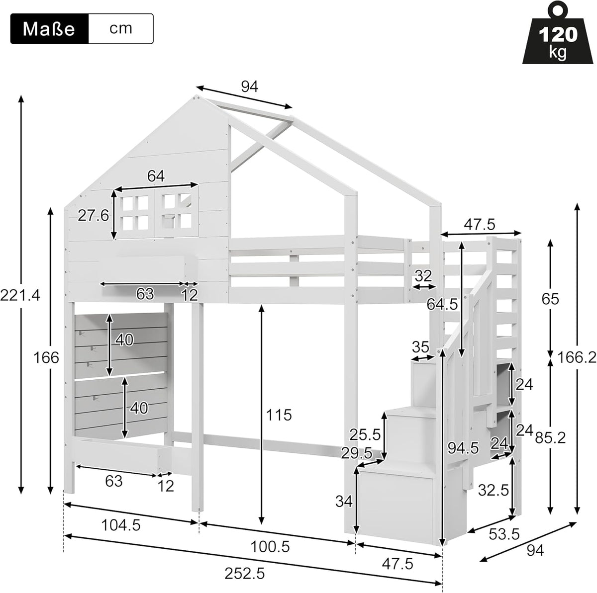 Litera, cama alta, cama infantil 90x200 cm con protección anticaídas y escalera con almacenamiento, cama juvenil, con ventana, madera maciza, blanco