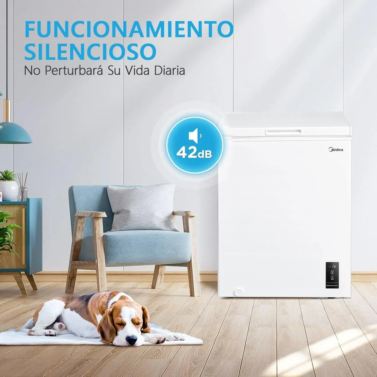 Arcón Congelador Horizontal Pequeño MIDEA de 99L, Motor Inverter, Control Electrónico de Temperatura, Tecnología D-TYPE Tube, Cestas con Asa, Easy Move, Silencioso 39dBA, Bajo Consumo, Blanco