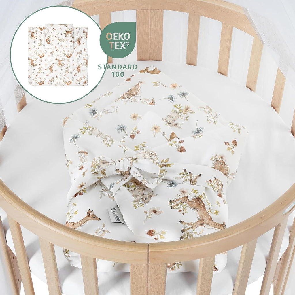 Cuna ovalada evolutiva Waldin, set completo 7 en 1, cuna de barrotes, cama infantil con colchón, cambiador, cuna colecho, madera blanca