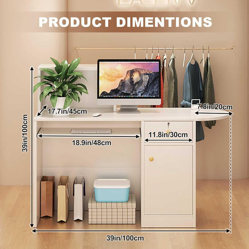 Mostrador de recepción con luz LED y cajón con llave, mostrador de pago moderno con bandeja para teclado para salón, oficina, tienda, vestíbulo o caja