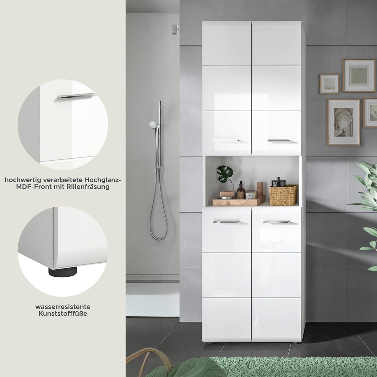xonox.home - Armario alto Ice 60x185x30 cm, frente blanco alto brillo termoformado, cuerpo blanco - armario alto de baño ancho - elegante y funcional