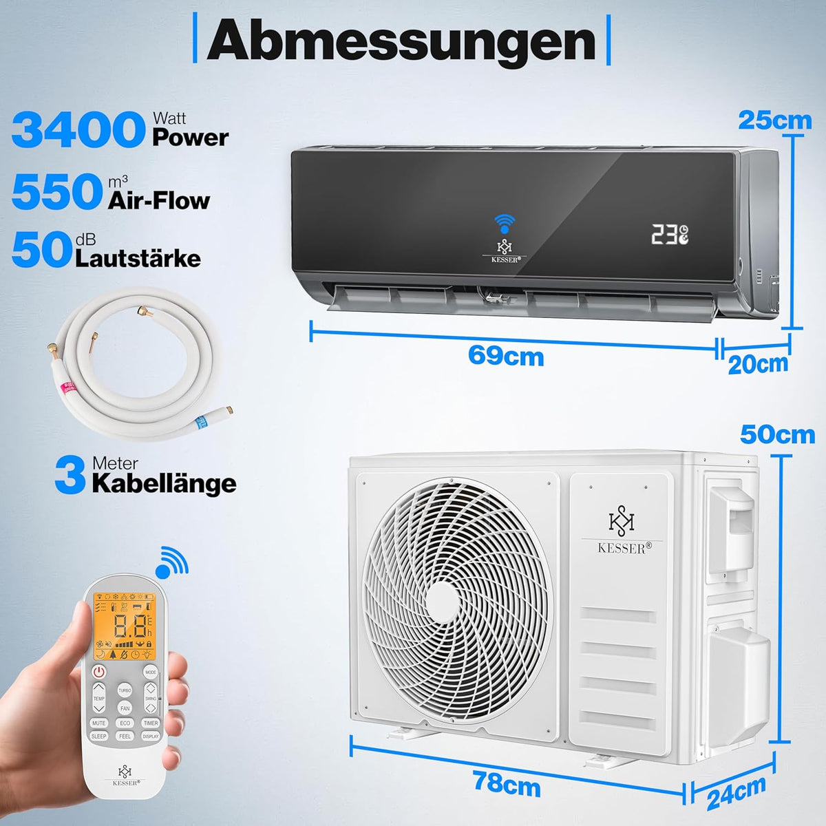 KESSER® Set de aire acondicionado Split - con función WiFi/App - Refrigeración A++/ Calefacción A+ - 9000 BTU/h (2600 vatios) Refrigerante R32 - Mando a distancia, función de temporizador - Incluye material de montaje completo