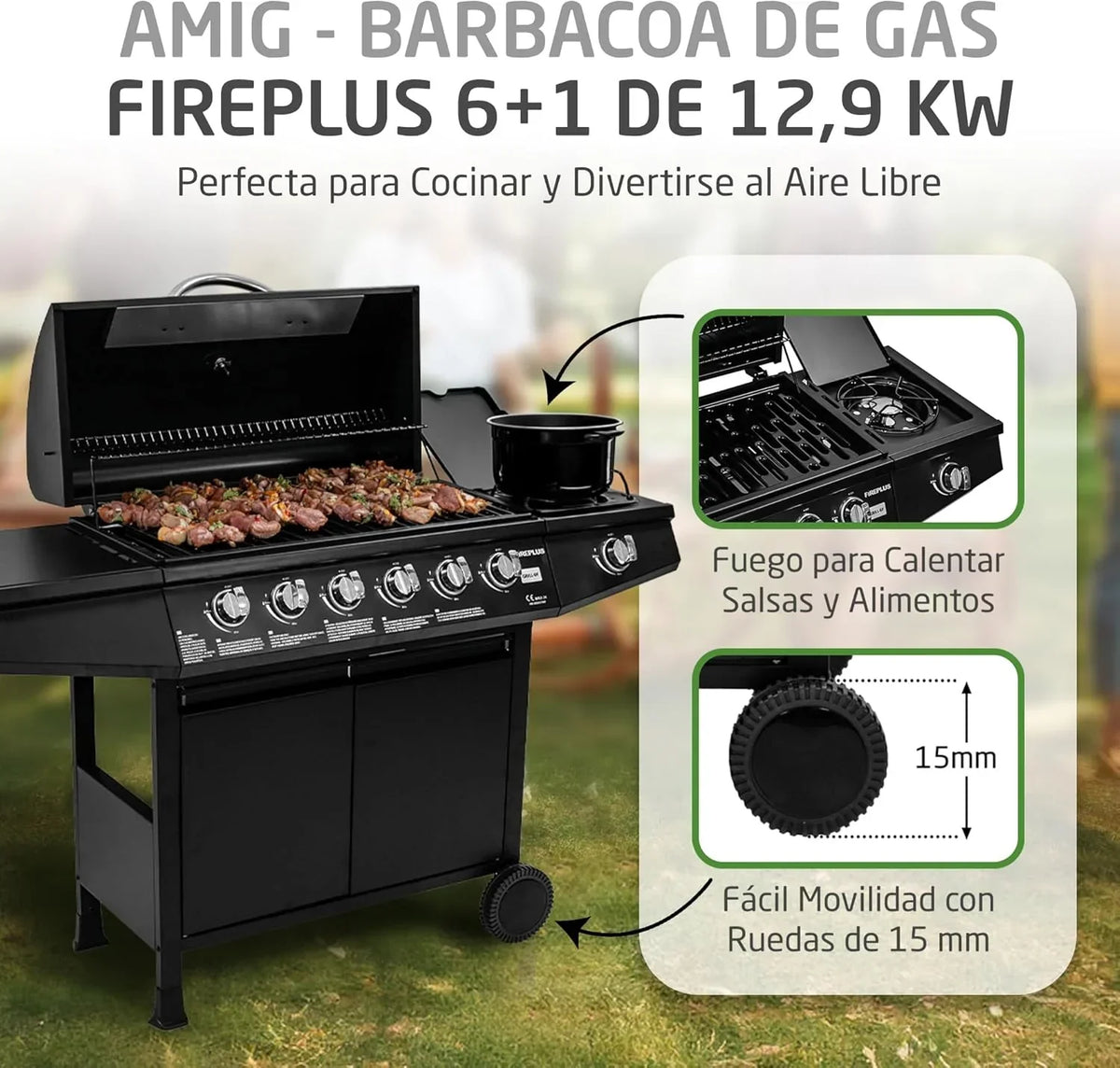 Barbacoa de gas Fireplus 6+1 de 12,9 kW - Acero inoxidable negro - Parrilla con ruedas Modelo GRILL-6F - Barbacoa XXL con carro y termómetro - 138x52x103 cm - 7 quemadores y bandeja lateral