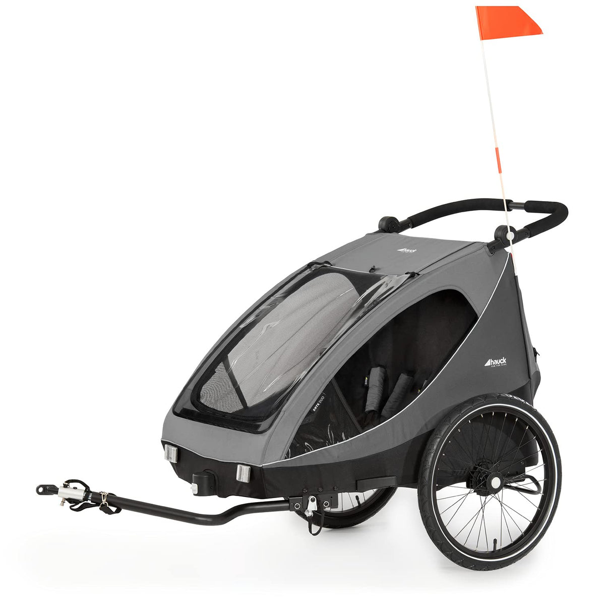 hauck Remolque de bicicleta y cochecito Dryk Duo Plus con suspensión, para 2 niños (6-48 meses), incluye barra de tiro, rueda de cochecito, bandera y luz LED, plegable, altura ajustable, maletero XL (verde oscuro)