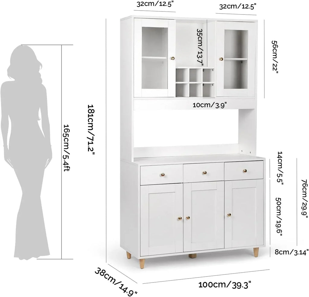 VOWNER Armario Aparador de Cocina/Buffet, 100L x 38An x 181Al cm, Mueble Auxiliar de Almacenaje, 5 Puertas y 5 Estantes Ajustables, Blanco