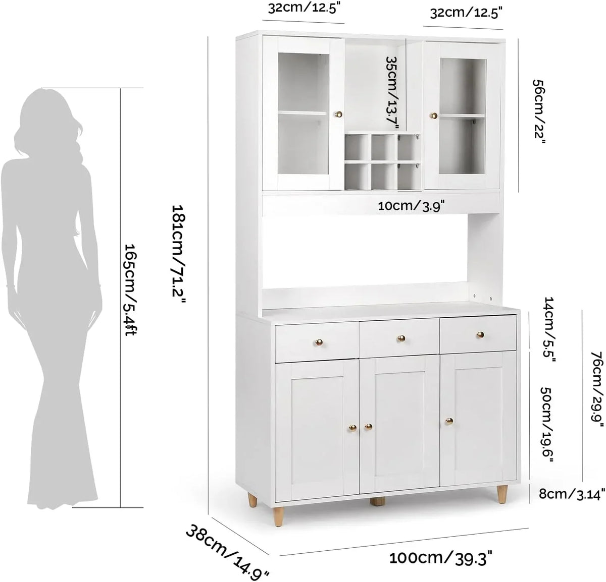 VOWNER Armario Aparador de Cocina/Buffet, 100L x 38An x 181Al cm, Mueble Auxiliar de Almacenaje, 5 Puertas y 5 Estantes Ajustables, Blanco