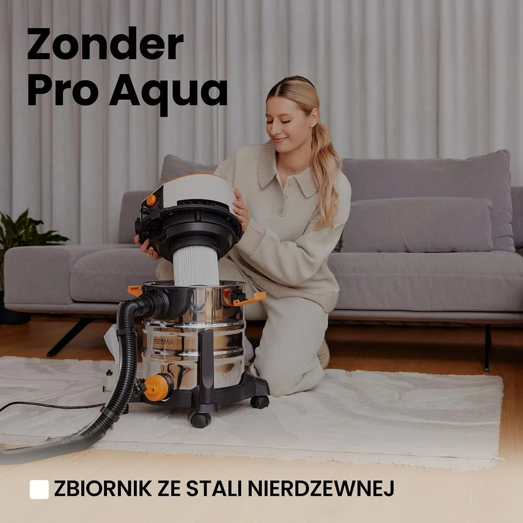 ZEEGMA ZONDER PRO AQUA Odkurzacz Piorący do Pracy na Mokro i Sucho 1400W, do Dywanów Samochodu Tapicerki Schodów, Zbiornik na Wodę Czystą 4 L, Zestaw Filtrów oraz Ssawek Piorących
