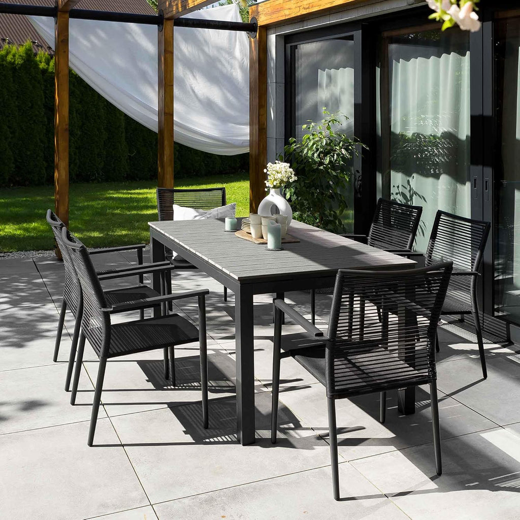 Mesa de jardín extensible di volio Drena 160x210 cm, mesa de terraza de aluminio resistente a la intemperie con aspecto de madera, mesa de comedor estable para jardín, terraza y balcón (gris)