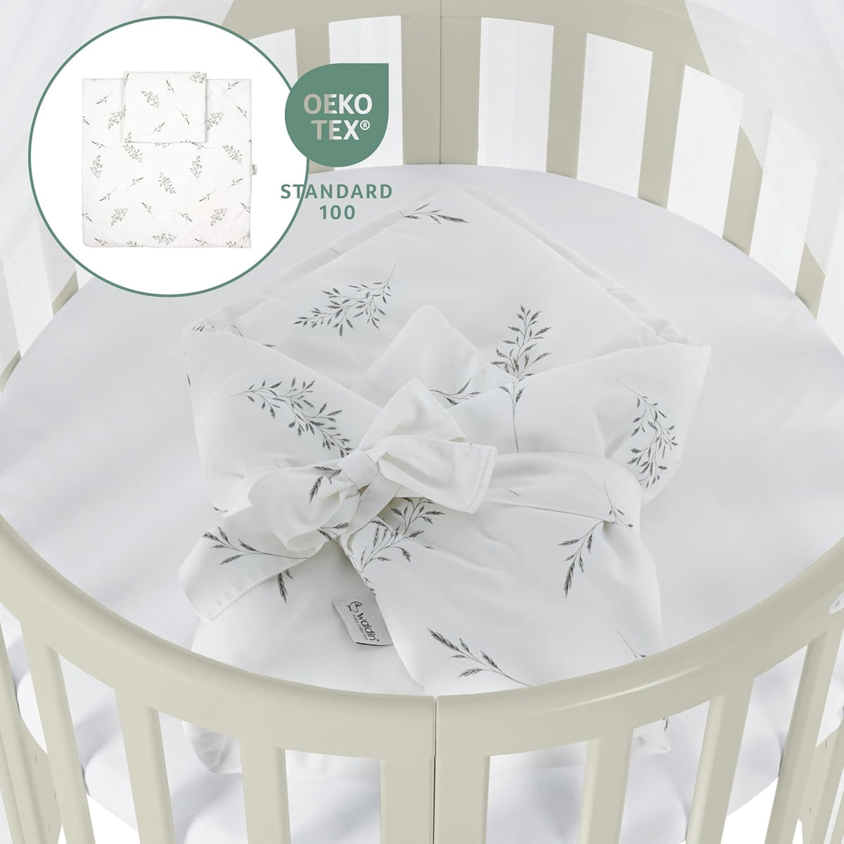 Cuna ovalada evolutiva Waldin, set completo 7 en 1, cuna de barrotes, cama infantil con colchón, cambiador, cuna colecho, madera blanca