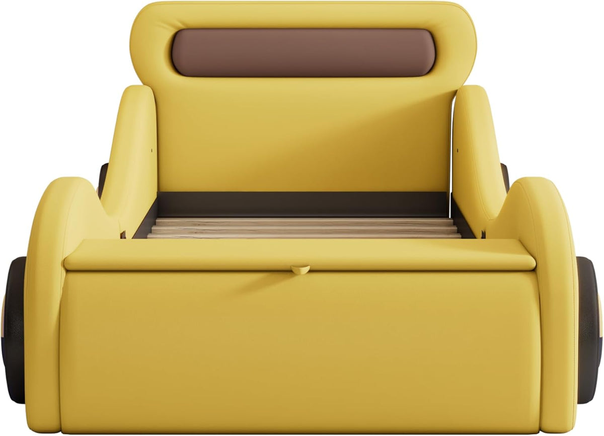 Cama infantil con forma de coche, cama juvenil 90x200, cama tapizada individual con ruedas iluminadas y espacio de almacenamiento, emocionante cama infantil de carreras, cama de juegos para niños con somier, PU, sin colchón, amarillo