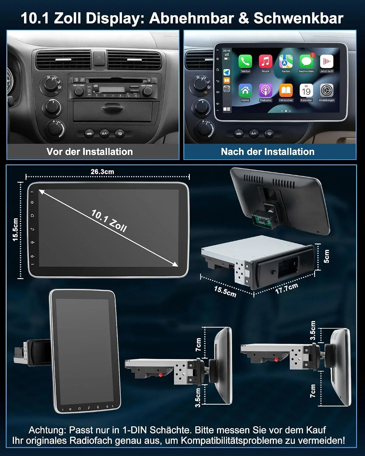 Autorradio 1 DIN con pantalla táctil de 10,1 pulgadas Android 14 2GB 64GB Bluetooth CarPlay Android Auto Navegación Cámara de visión trasera