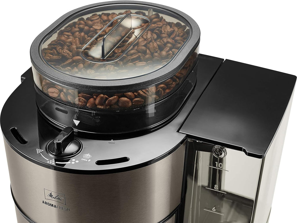 Melitta AromaFresh - Cafetera de filtro - con jarra de cristal - molinillo integrado - función de temporizador - 10 tazas - Negro puro