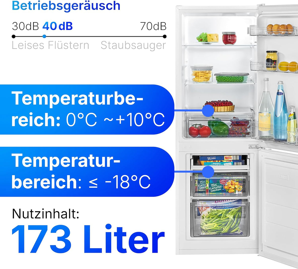 Bomann, KG7359 Frigorífico y Congelador 173L Blanco - 121L Frigorífico, 52L Congelador 4 Estrellas, Iluminación LED, Alarma de Puerta Abierta, Cajón para Verduras, 3 Estantes de Cristal, Ahorro de Energía