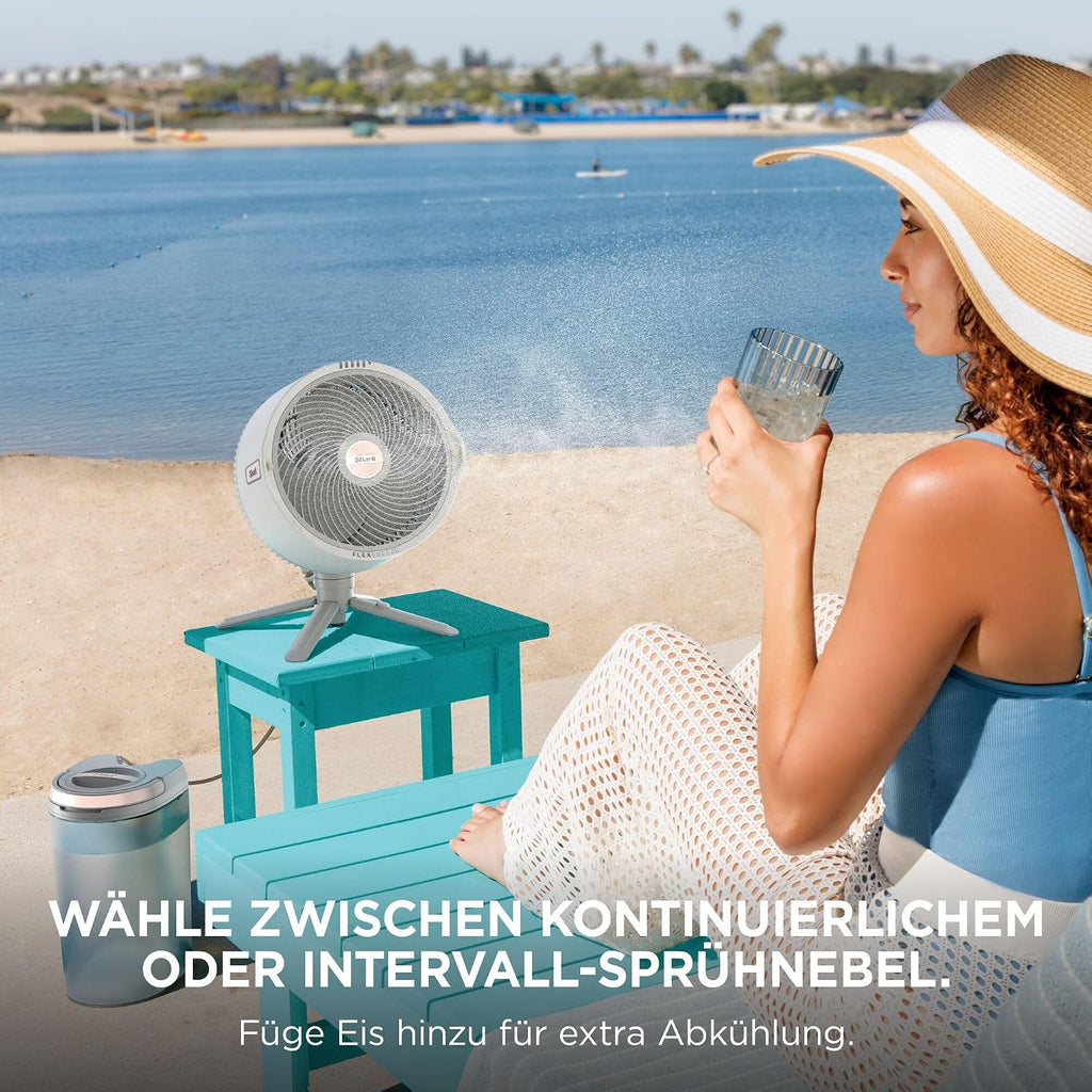 Ventilador inalámbrico con nebulizador Shark FlexBreeze Pro para interiores y exteriores con sistema de rociado, depósito de agua portátil, alcance de 20 m, ventilador de pie y de mesa, 5 niveles de velocidad, silencioso, mando a distancia, Dove FA300WHEU
