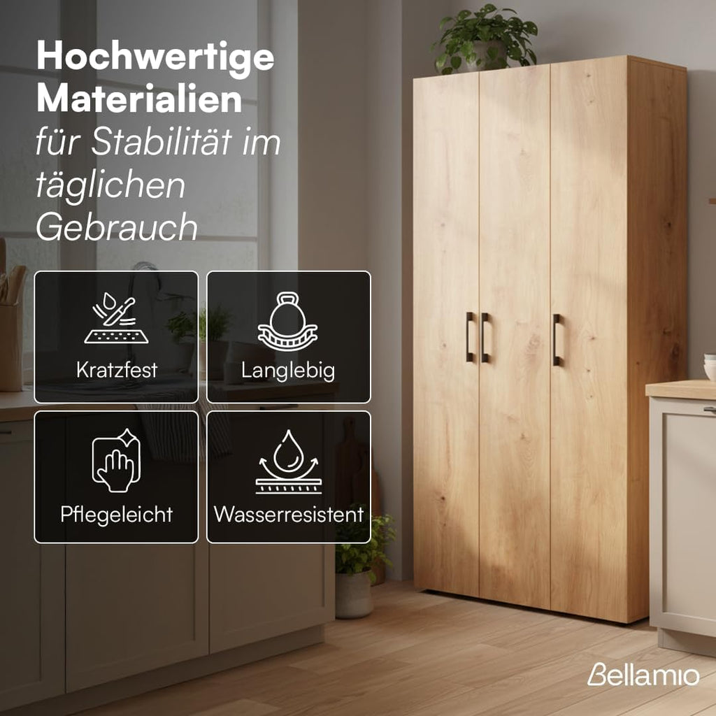 Bellamio Apol Mehrzweckschrank Eichenoptik – Besenschrank 90 cm breit mit Stauraum – Putzschrank mit Staubsaugerfach – Vorratsschrank Küche - Aktenschrank aus Holz - Flurschrank – Aufbewahrungsschrank