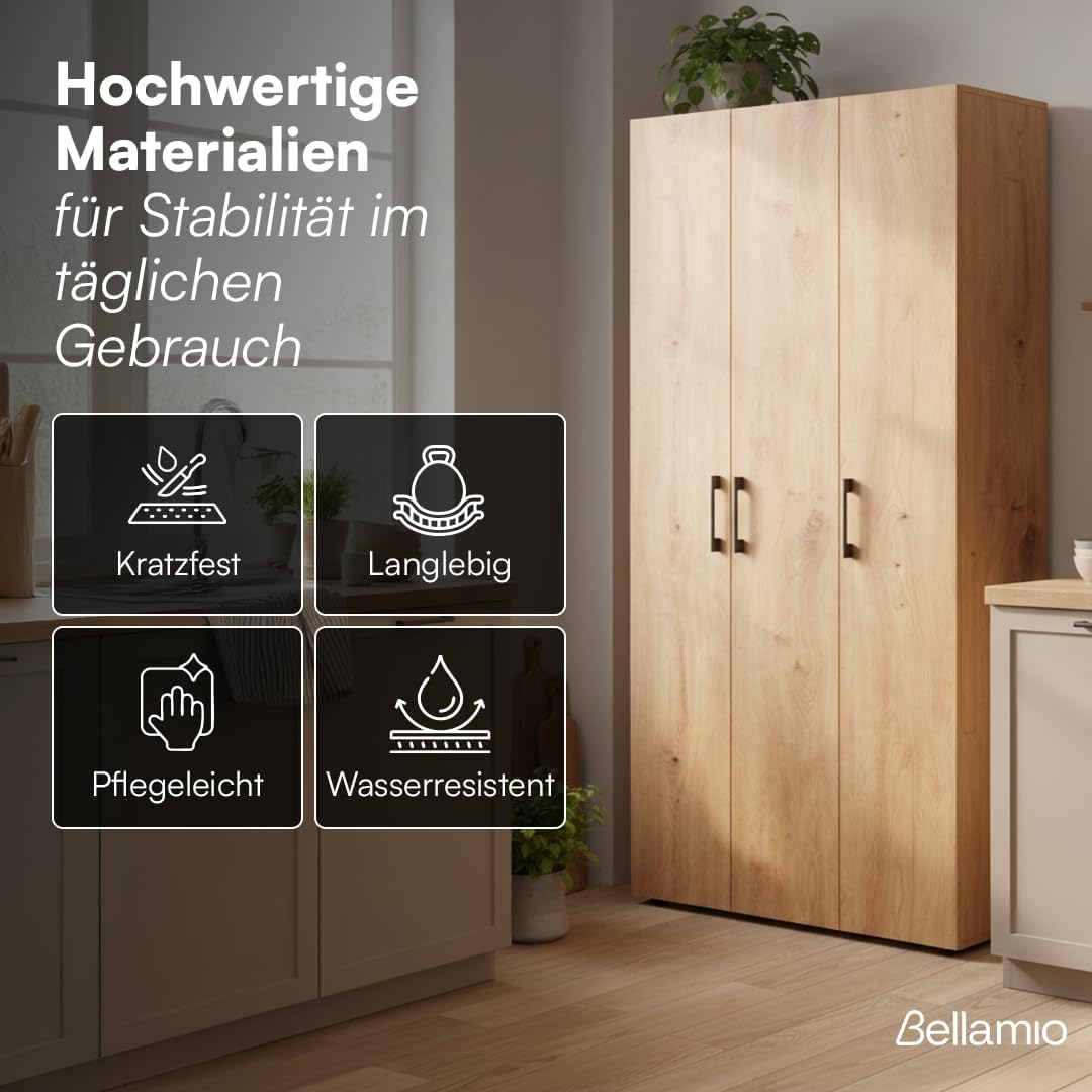 Bellamio Apol Mehrzweckschrank Eichenoptik – Besenschrank 90 cm breit mit Stauraum – Putzschrank mit Staubsaugerfach – Vorratsschrank Küche - Aktenschrank aus Holz - Flurschrank – Aufbewahrungsschrank