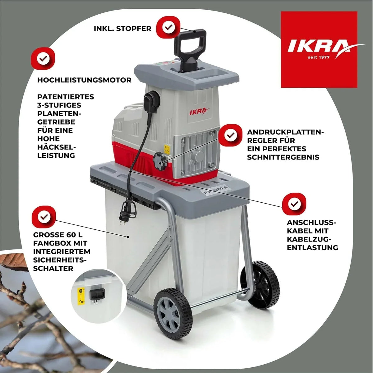 Trituradora de jardín de rodillo ILH 3000 A 3000 W, grosor de rama de 44 mm, sistema de corte silencioso, caja colectora de 60 L