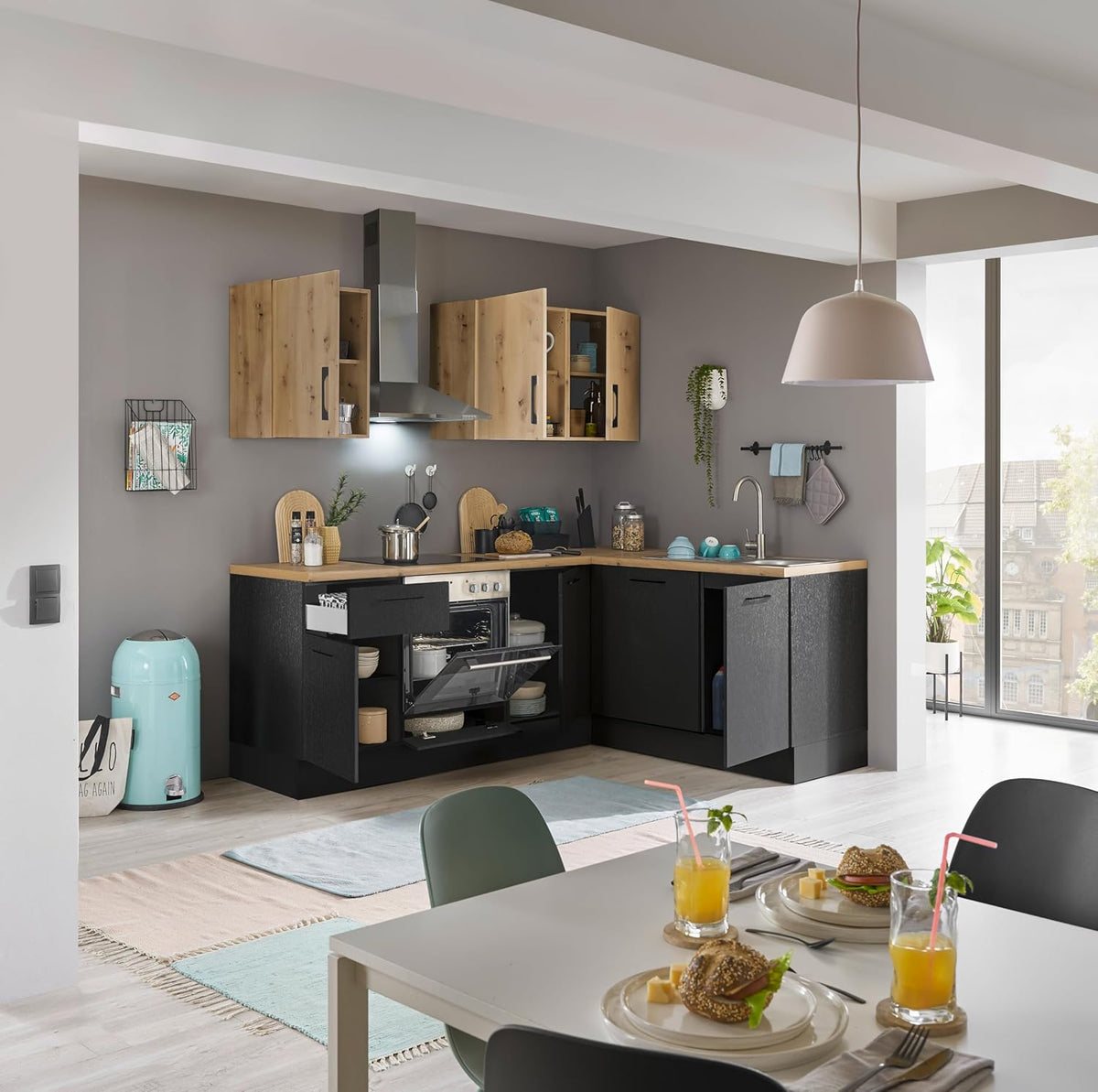 Cocina en L Turin 220 x 211 x 60 cm, negro - Sin electrodomésticos - Cocina moderna y espaciosa con aspecto de roble artesano y gran capacidad de almacenamiento