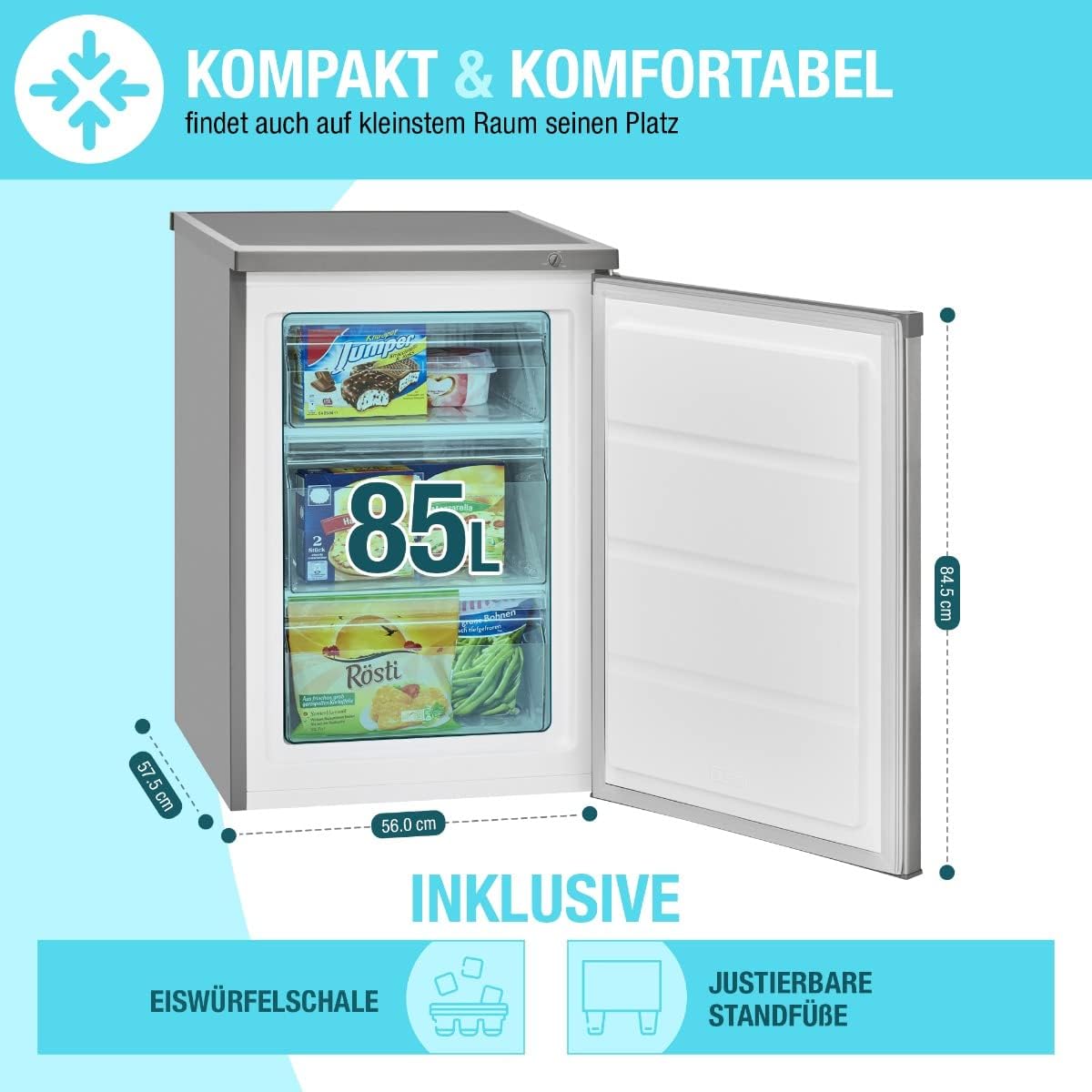 Congelador Bomann® | 85 litros de capacidad útil | Congelador pequeño con 3 cajones y cubitera | Mini nevera con regulación continua de temperatura | Puerta reversible | GS 2186.1 blanco