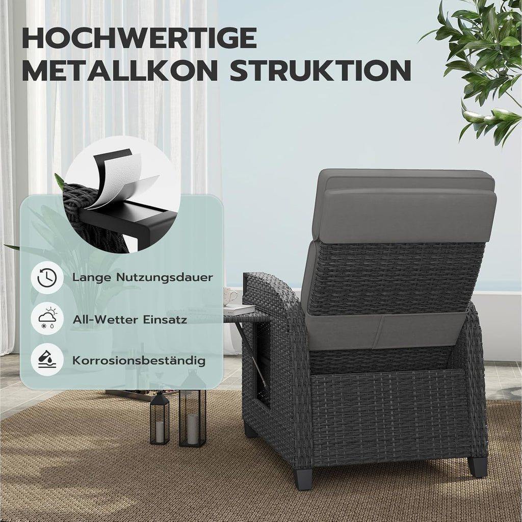UDPATIO Sillón de ratán para jardín, reclinable, tumbona ajustable a 150°, con respaldo ajustable, fundas y cojines extraíbles, impermeable, para interior y exterior - Gris