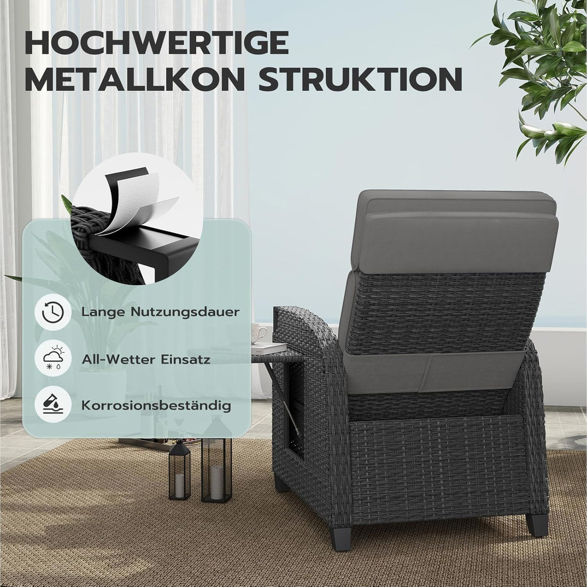 UDPATIO Sillón de ratán para jardín, reclinable, tumbona ajustable a 150°, con respaldo ajustable, fundas y cojines extraíbles, impermeable, para interior y exterior - Gris