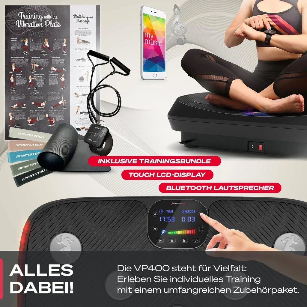Plataforma vibratoria 4D VP400 hasta 40 Hz con 3 modos de entrenamiento, altavoz Bluetooth, pantalla táctil y capacidad de carga de 120 kg