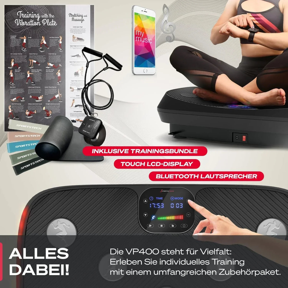 Plataforma vibratoria 4D VP400 hasta 40 Hz con 3 modos de entrenamiento, altavoz Bluetooth, pantalla táctil y capacidad de carga de 120 kg