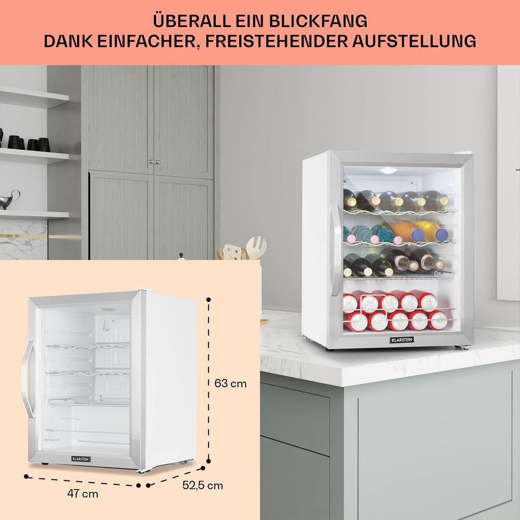 Mini refrigerador Klarstein con puerta de cristal, mini, para habitación, refrigerador de bebidas pequeño con estantes ajustables, con estantes ondulados, refrigerador silencioso de 60 litros