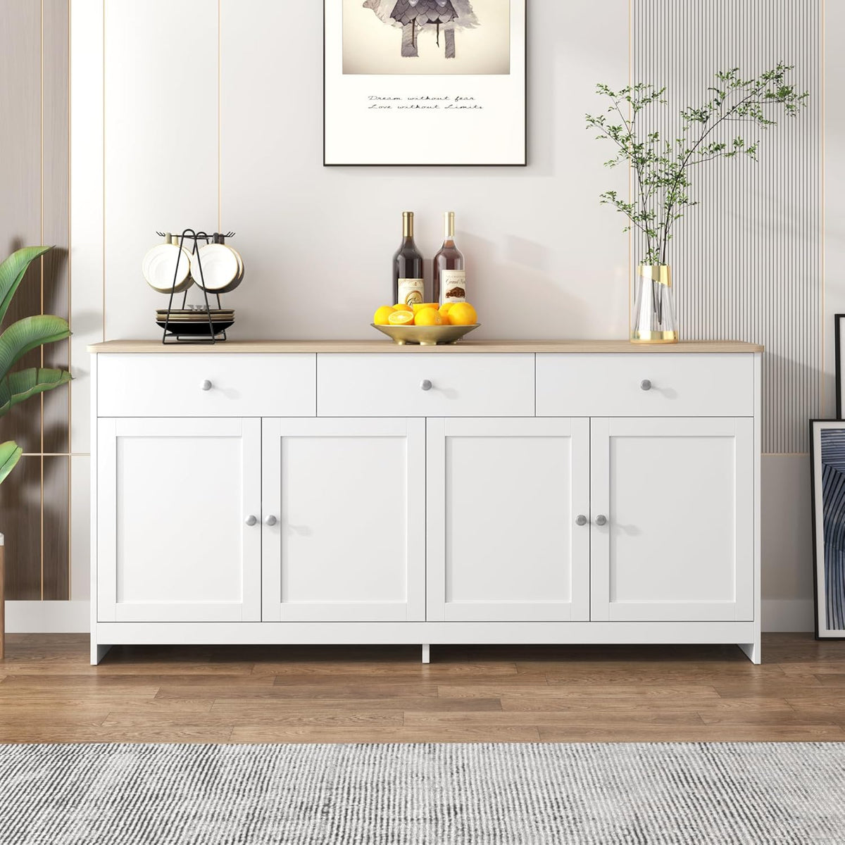 Aparador Ymkua, buffet, cómoda para salón y comedor, armario de almacenamiento con 4 puertas y 3 cajones, armario de salón moderno, 160x37x75 cm, madera y blanco