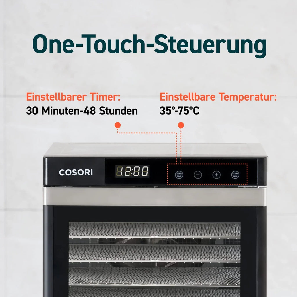 Deshidratador de alimentos CP267-FD 650 W, 6 bandejas de acero inoxidable, 35-75 °C, temporizador de 48 horas, pantalla LED