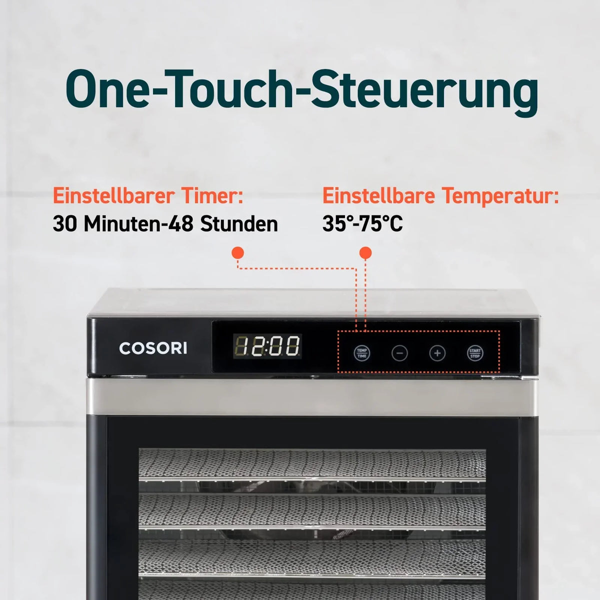 Deshidratador de alimentos CP267-FD 650 W, 6 bandejas de acero inoxidable, 35-75 °C, temporizador de 48 horas, pantalla LED
