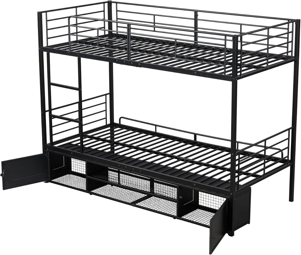 Litera cama infantil 90x200 cm, estructura de cama de metal con zapatero abierto y 2 armarios de almacenamiento con puertas, litera cama alta cama de hierro para niños, adolescentes y adultos, negro